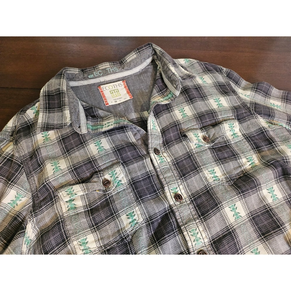 Ecoths Button Up Shirt Mens Large Grey Green Plaid Organic Cotton Long Sleeve